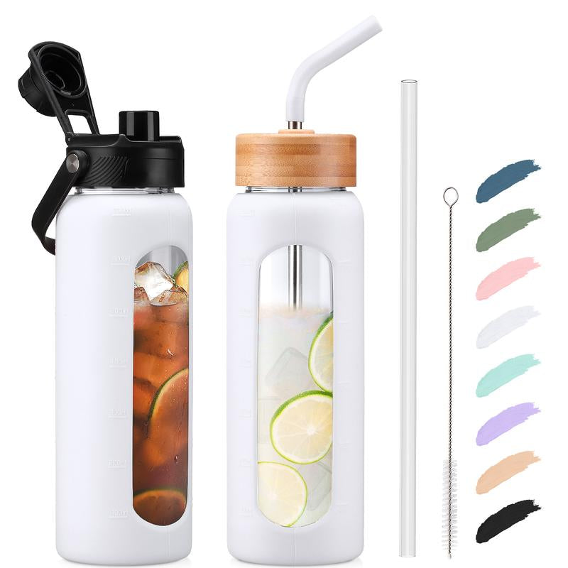 MUKOKO 24 32 Oz Water Bottle with Straw, Glass Water Bottle with 2 Lids Bamboo Straw Lid and Spout Lid with Handle, Clear Water Bottle Glass for Sports Travel, Waterbottle with Time Marker