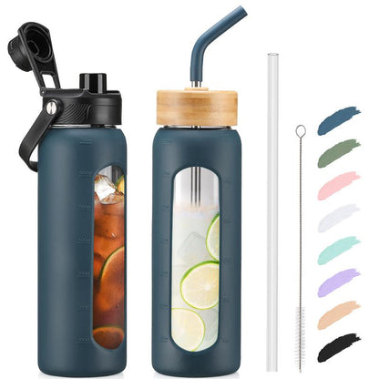 MUKOKO 24 32 Oz Water Bottle with Straw, Glass Water Bottle with 2 Lids Bamboo Straw Lid and Spout Lid with Handle, Clear Water Bottle Glass for Sports Travel, Waterbottle with Time Marker