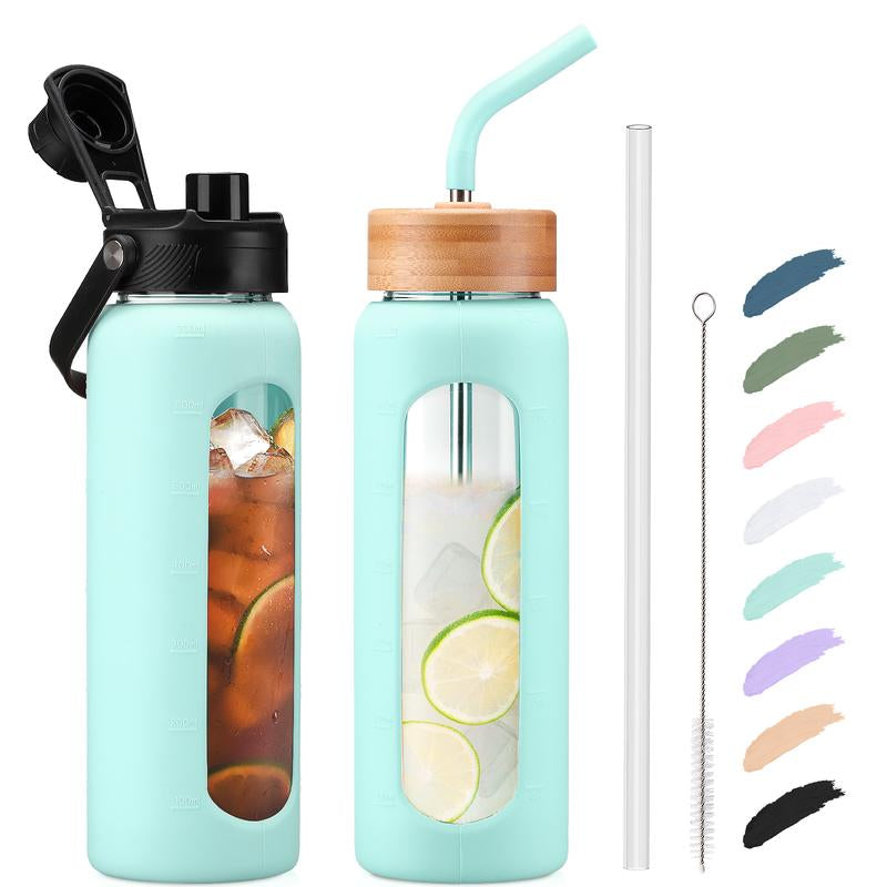 MUKOKO 24 32 Oz Water Bottle with Straw, Glass Water Bottle with 2 Lids Bamboo Straw Lid and Spout Lid with Handle, Clear Water Bottle Glass for Sports Travel, Waterbottle with Time Marker