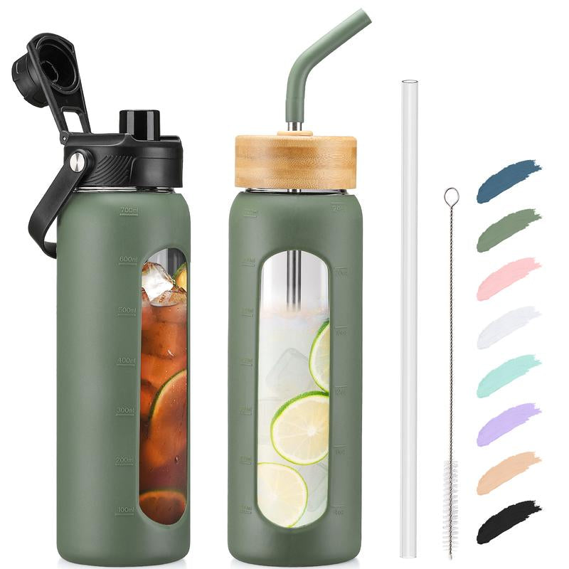 MUKOKO 24 32 Oz Water Bottle with Straw, Glass Water Bottle with 2 Lids Bamboo Straw Lid and Spout Lid with Handle, Clear Water Bottle Glass for Sports Travel, Waterbottle with Time Marker