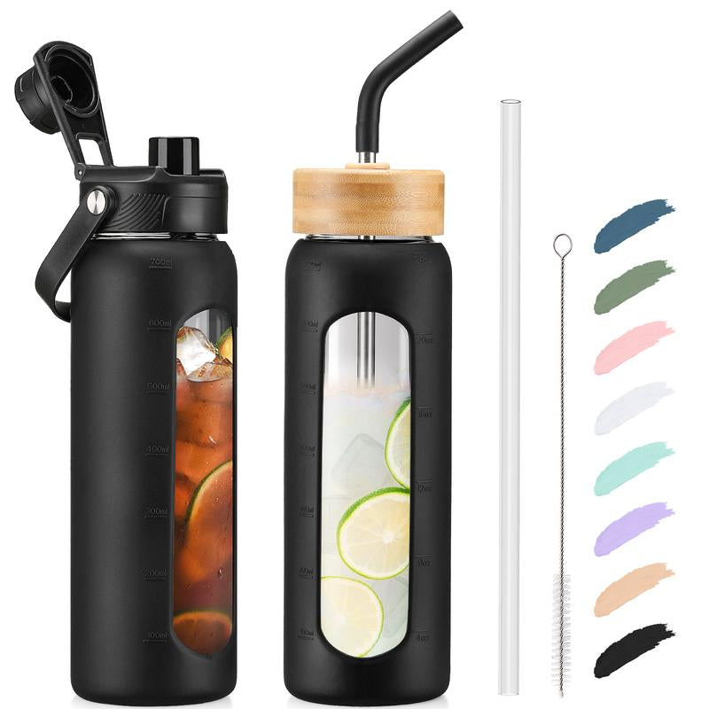 MUKOKO 24 32 Oz Water Bottle with Straw, Glass Water Bottle with 2 Lids Bamboo Straw Lid and Spout Lid with Handle, Clear Water Bottle Glass for Sports Travel, Waterbottle with Time Marker