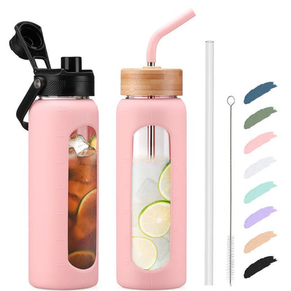 MUKOKO 24 32 Oz Water Bottle with Straw, Glass Water Bottle with 2 Lids Bamboo Straw Lid and Spout Lid with Handle, Clear Water Bottle Glass for Sports Travel, Waterbottle with Time Marker