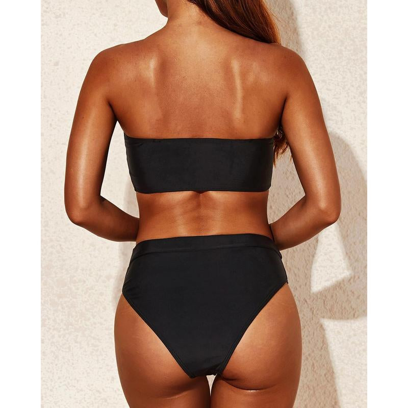 Tempt Me Women Bandeau Bikini Set Strapless Two Piece Swimsuit High Cut High Waisted Bathing Suits Sexy Swimwear for Women with Modest Coverage Tummy Control Bottom